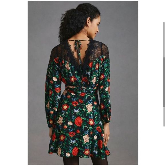 Anthropologie Dress 16 Lace V-Neck Dark Floral Rose Long Sleeve Mini Flowy NWT - Picture 5 of 16